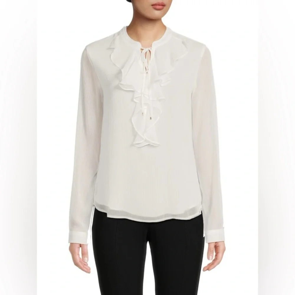TOMMY HILFIGER Women's Classic Long Sleeve Ruffle Front Blouse - Ivory - Picture 1 of 9